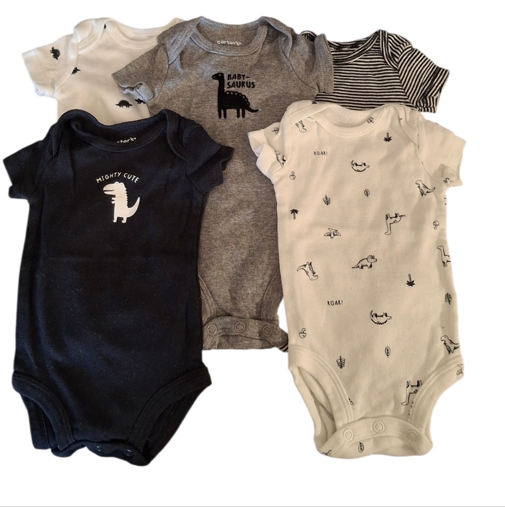Carter's Dinosaur and Patterned Bodysuits - Black, Gray, White (5)
